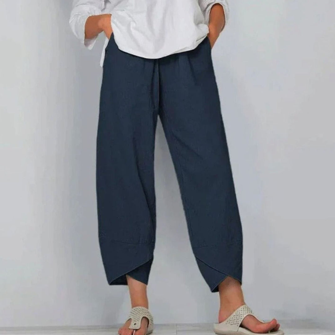 Women's Wide Leg Cropped Pants Elastic Waist Drawstring Linen Trousers - Blue