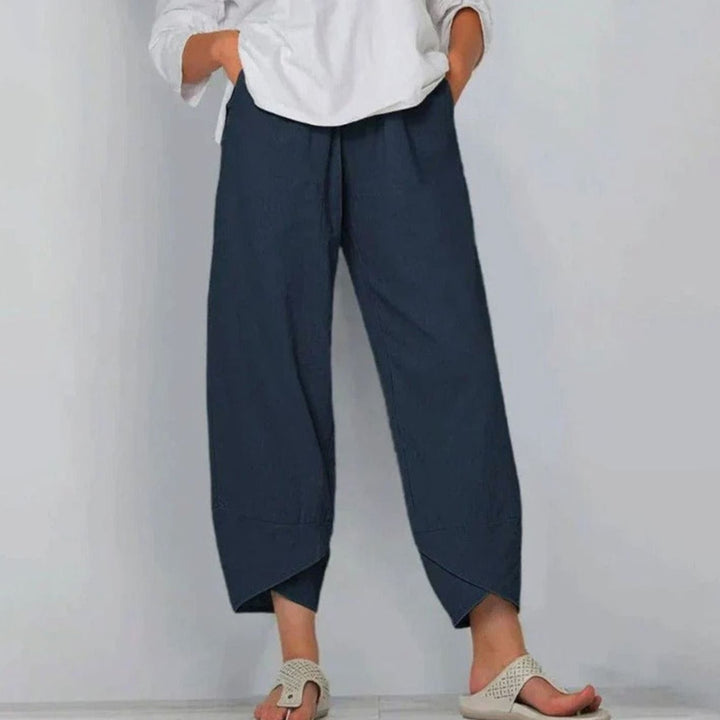 Women's Wide Leg Cropped Pants Elastic Waist Drawstring Linen Trousers - Blue