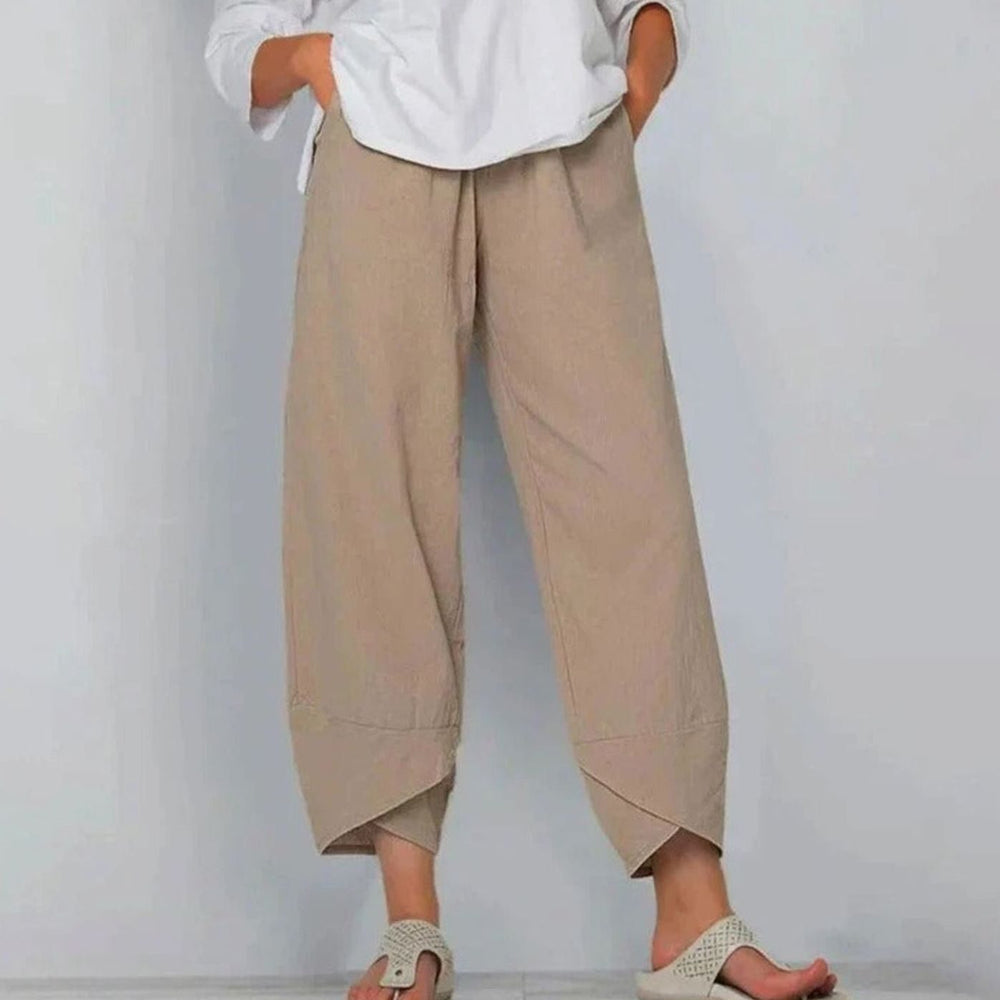 Women's Wide Leg Cropped Pants Elastic Waist Drawstring Linen Trousers - Khaki