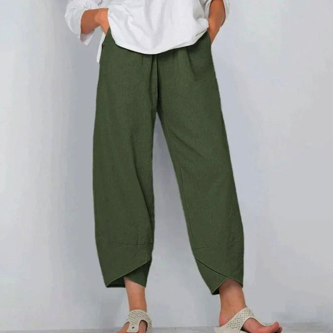 Women's Wide Leg Cropped Pants Elastic Waist Drawstring Linen Trousers - Green