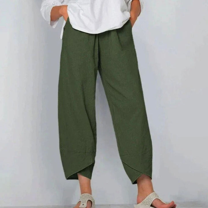 Women's Wide Leg Cropped Pants Elastic Waist Drawstring Linen Trousers - Green
