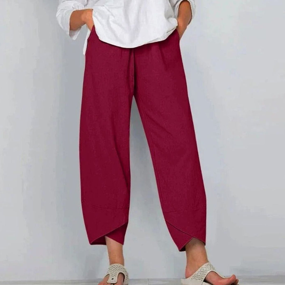 Women's Wide Leg Cropped Pants Elastic Waist Drawstring Linen Trousers - Red
