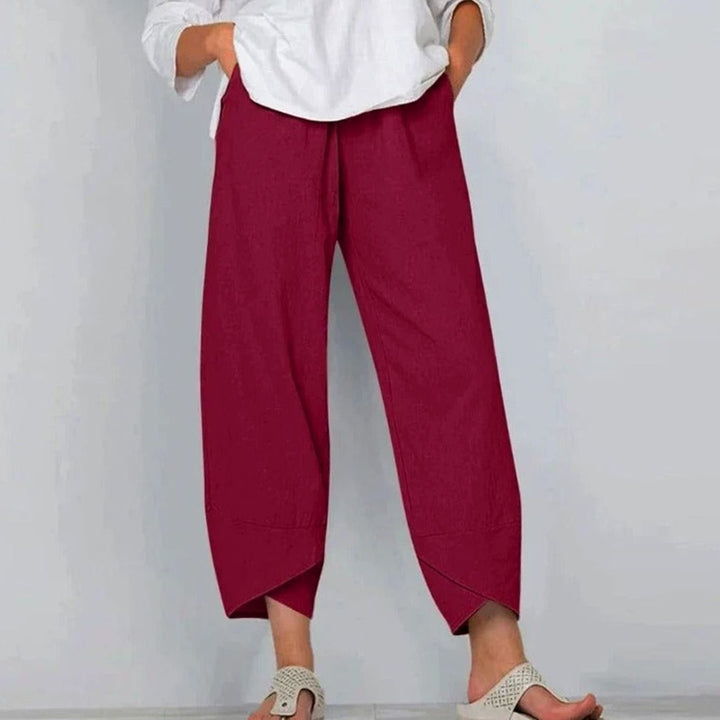 Women's Wide Leg Cropped Pants Elastic Waist Drawstring Linen Trousers - Red