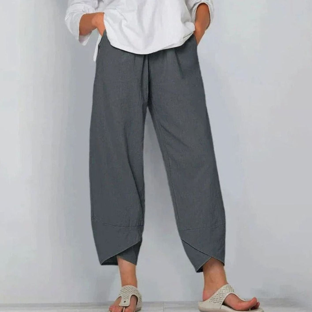 Women's Wide Leg Cropped Pants Elastic Waist Drawstring Linen Trousers - Gray