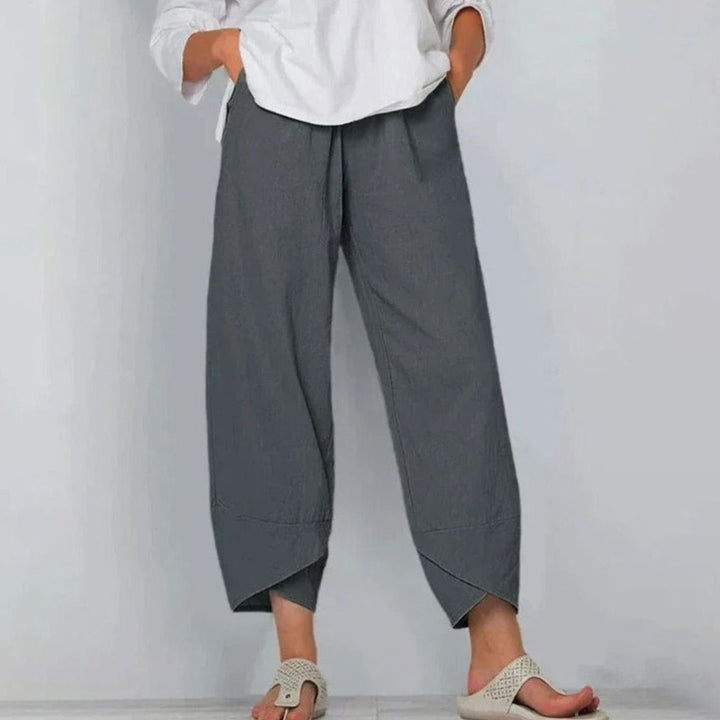 Women's Wide Leg Cropped Pants Elastic Waist Drawstring Linen Trousers - Gray