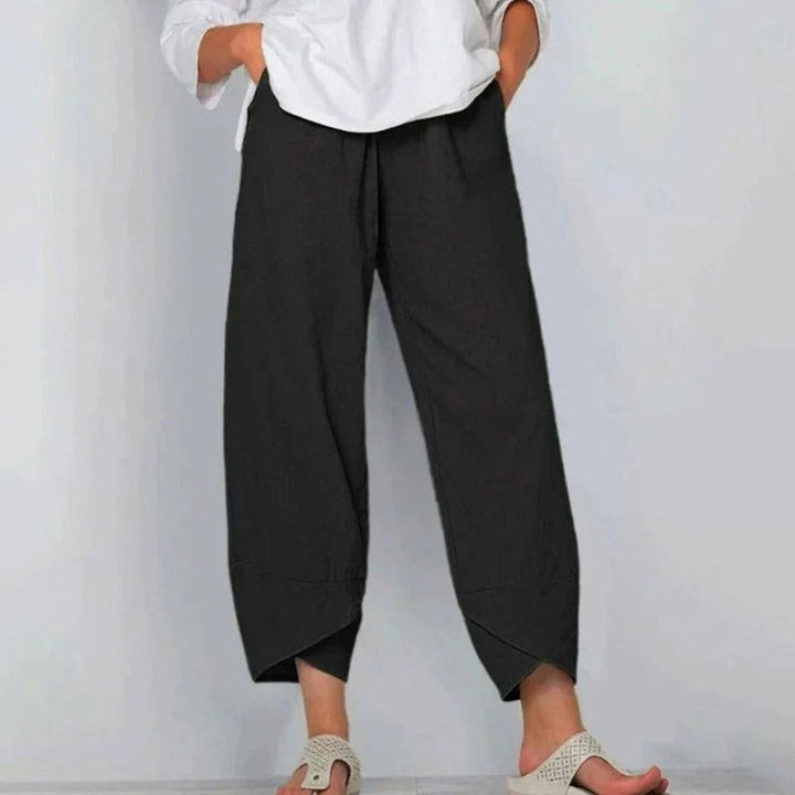 Women's Wide Leg Cropped Pants Elastic Waist Drawstring Linen Trousers - Black