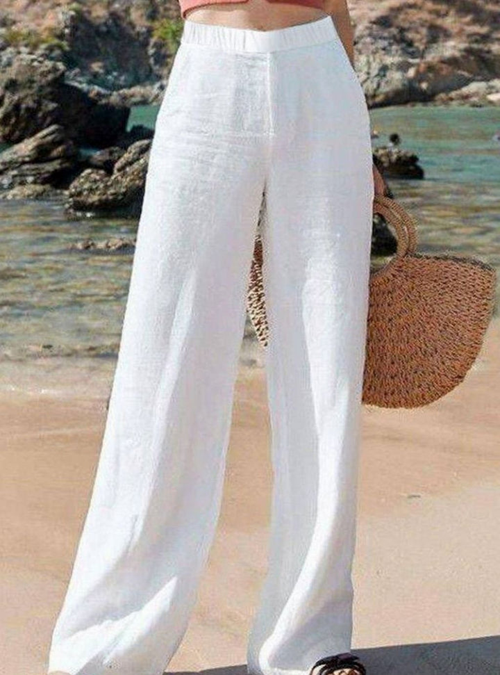 Women's Wide-Leg Elastic-Waist Flowy Linen Palazzo Pants - White