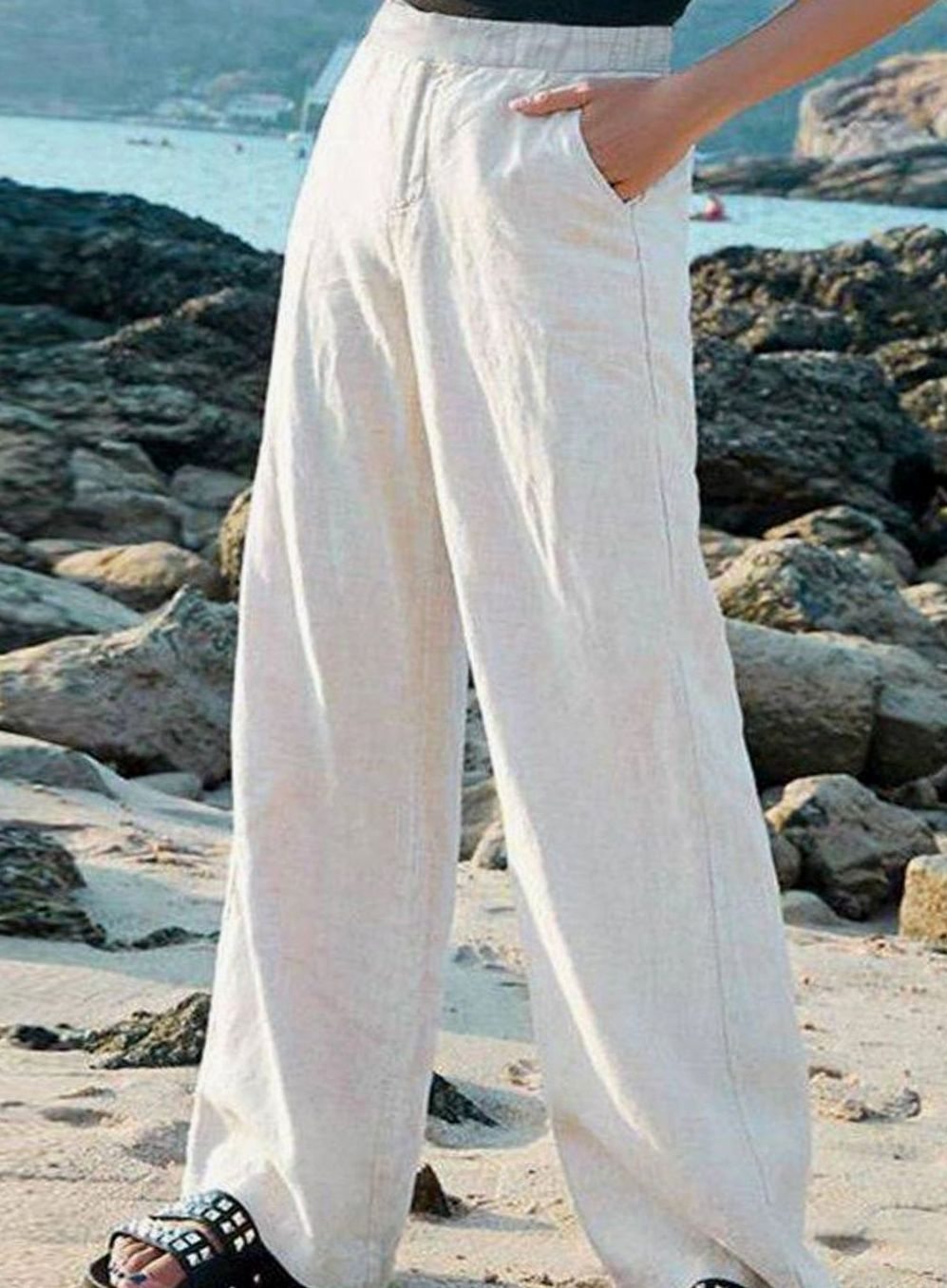 Women's Wide-Leg Elastic-Waist Flowy Linen Palazzo Pants