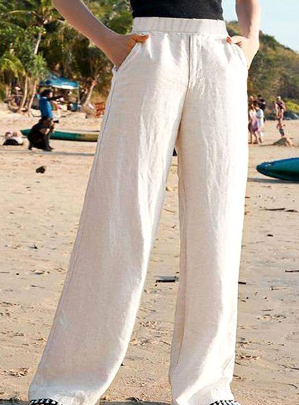 Women's Wide-Leg Elastic-Waist Flowy Linen Palazzo Pants - Beige