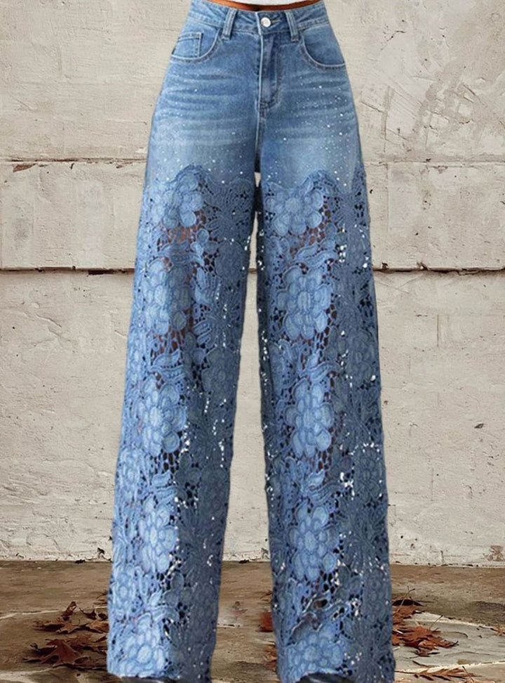Women's Wide Leg Lace Patchwork Mid-Rise Denim Jeans