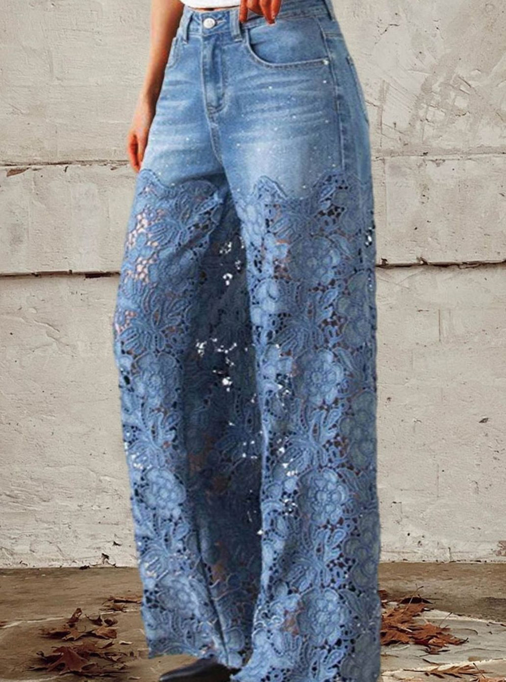 Women's Wide Leg Lace Patchwork Mid-Rise Denim Jeans