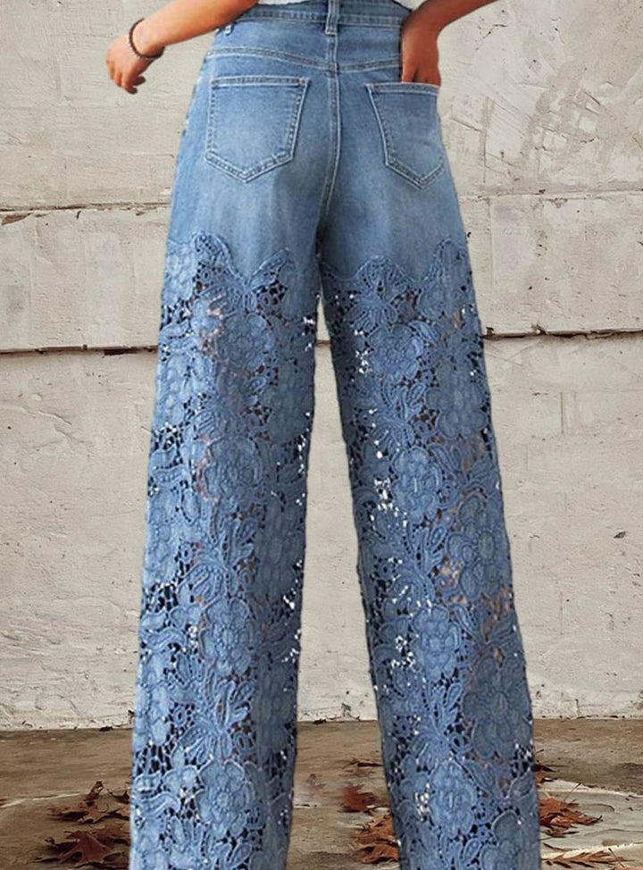 Women's Wide Leg Lace Patchwork Mid-Rise Denim Jeans