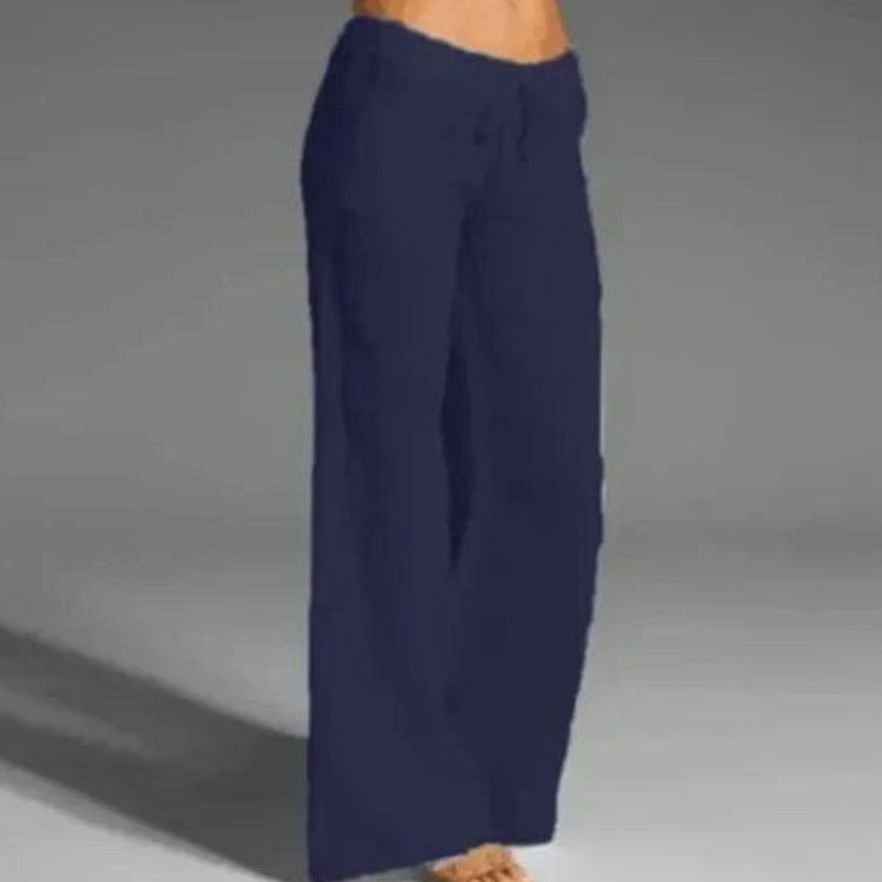 Women's Wide-Leg Linen Drawstring Palazzo Pants - Dark Navy