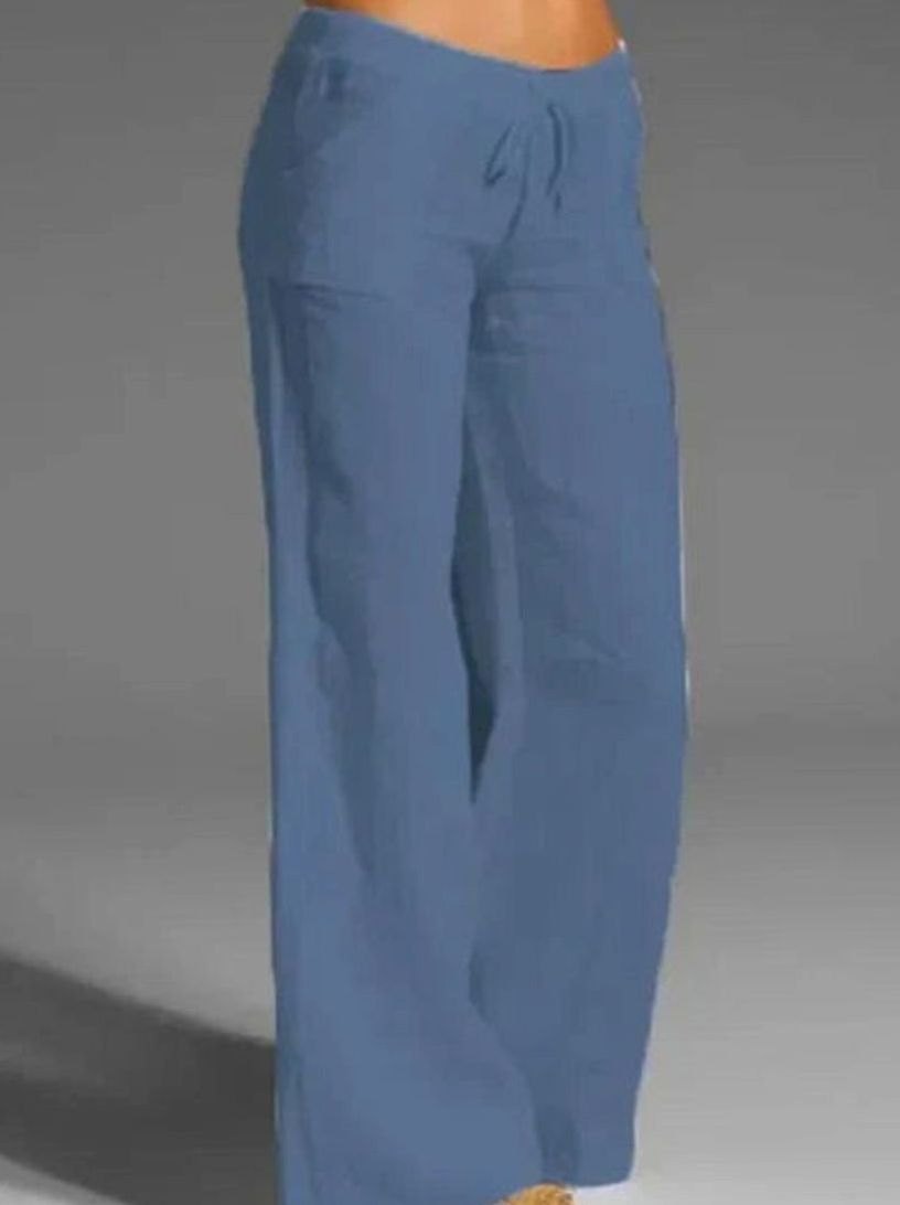 Women's Wide-Leg Linen Drawstring Palazzo Pants - Blue