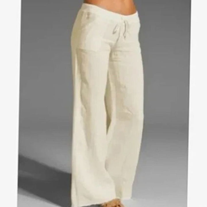 Women's Wide-Leg Linen Drawstring Palazzo Pants - Beige