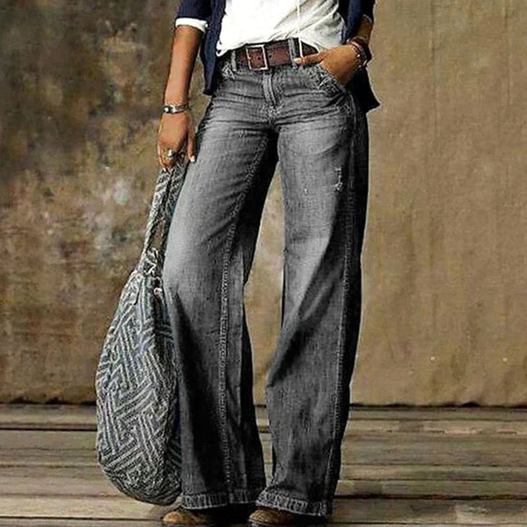Women's Wide-Leg Relaxed-Fit Washed Denim Jeans - Light Gray
