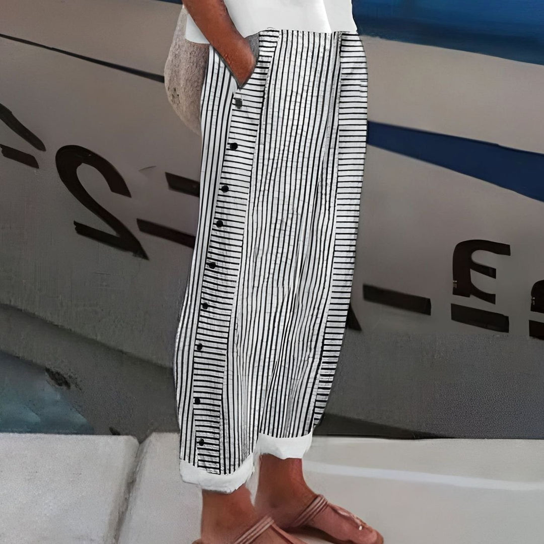 Women's Wide Leg Striped Pants Side Button Casual Cropped - Black