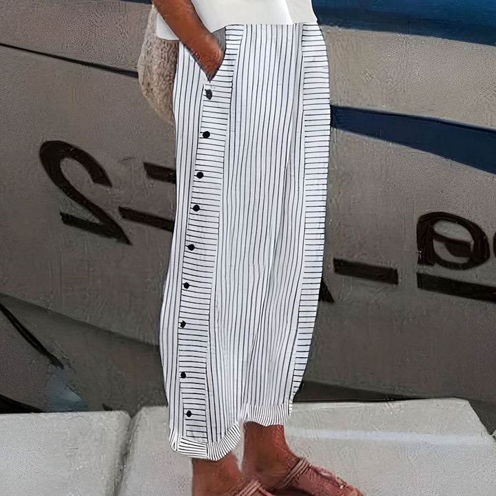Women's Wide Leg Striped Pants Side Button Casual Cropped - Gray