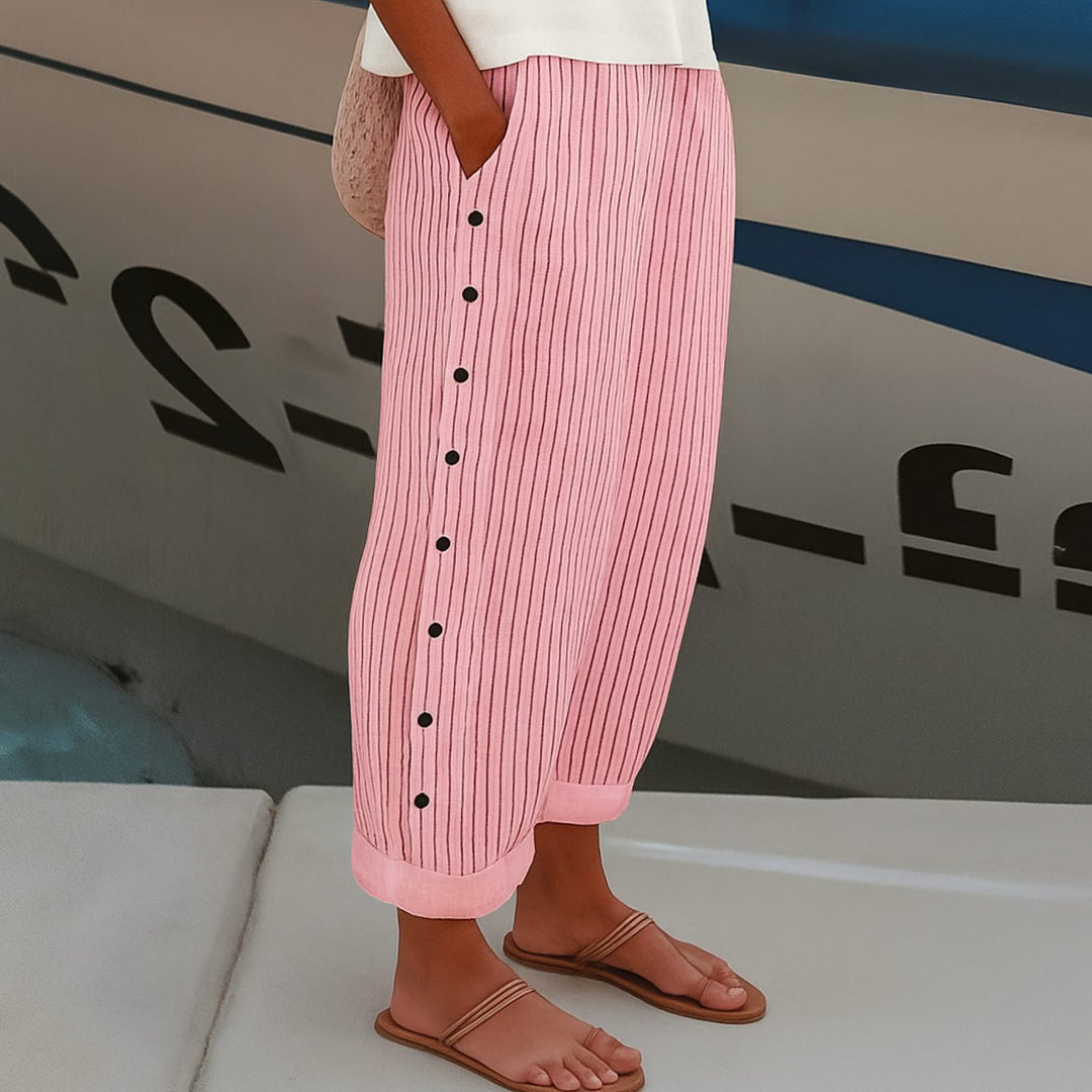 Women's Wide Leg Striped Pants Side Button Casual Cropped - Pink