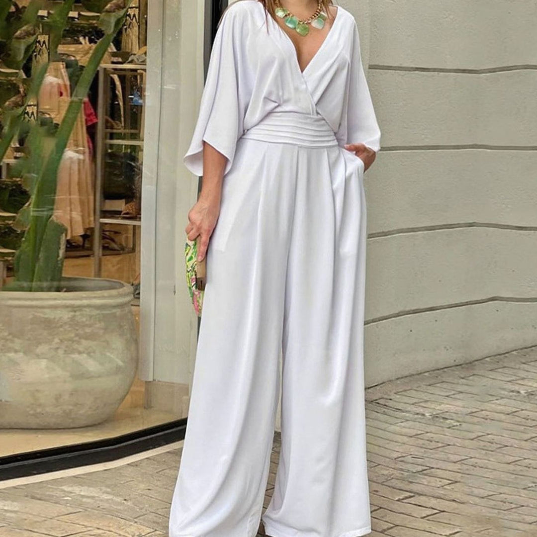 Women's Wide-Leg V-Neck Batwing Sleeve Jumpsuit - White