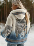 Victoria | Women's Wolf Print Hooded Jacket Soft-Lined Tribal Pattern Coat
