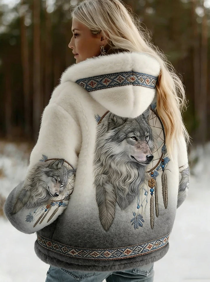Women's Wolf Print Hooded Jacket Soft-Lined Tribal Pattern Coat - Gray
