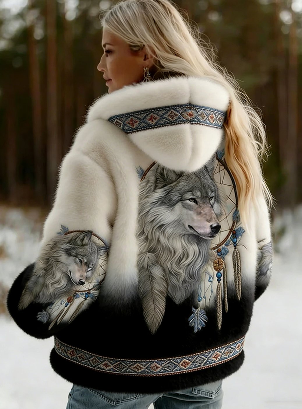 Women's Wolf Print Hooded Jacket Soft-Lined Tribal Pattern Coat - Black
