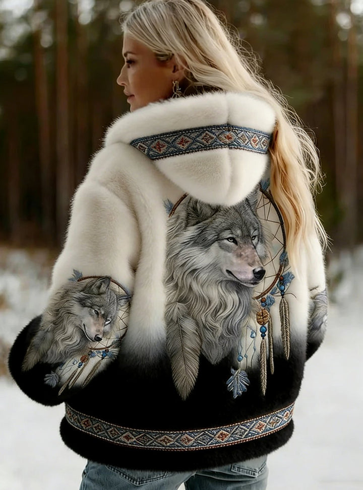 Women's Wolf Print Hooded Jacket Soft-Lined Tribal Pattern Coat - Black