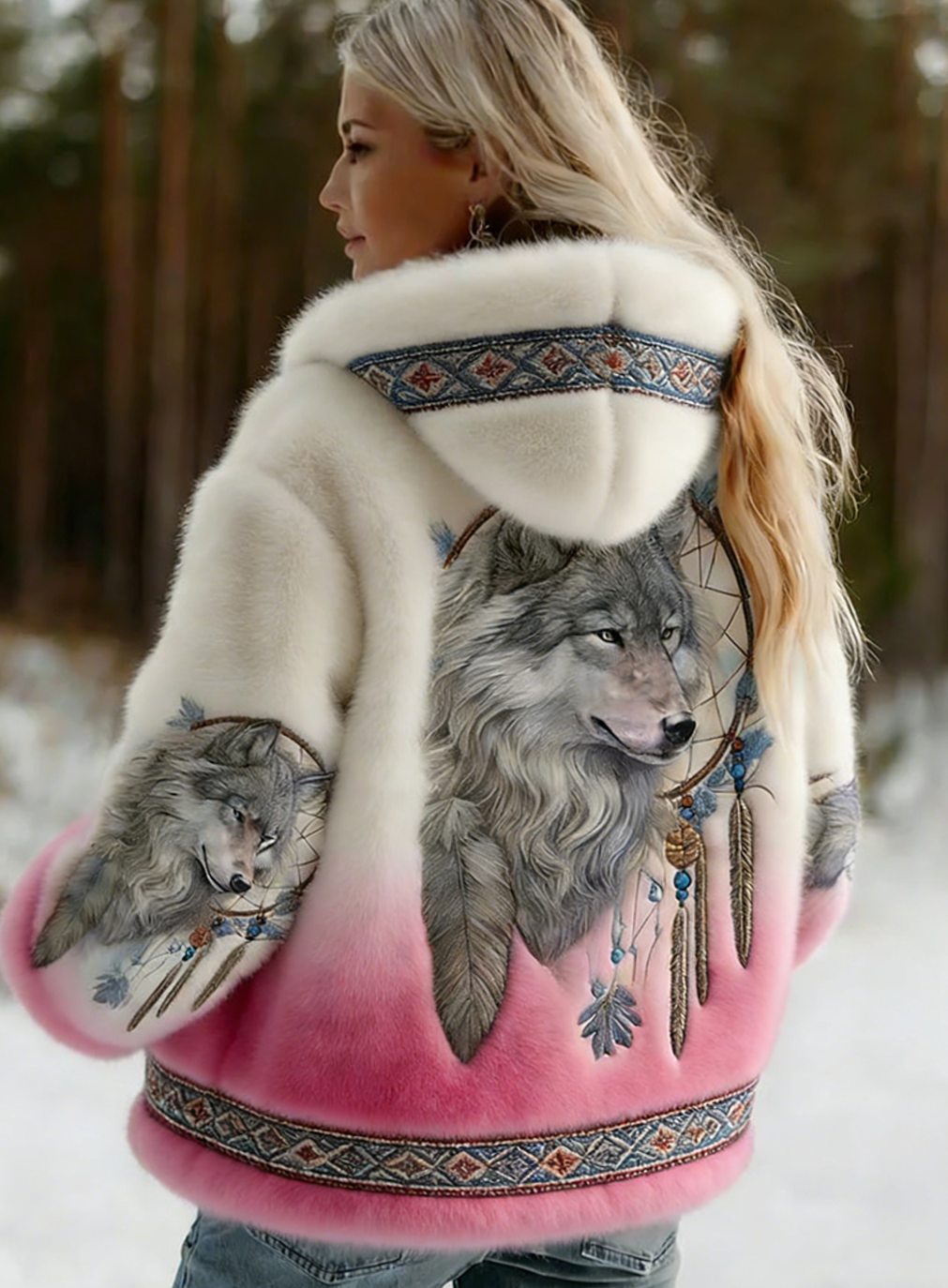Women's Wolf Print Hooded Jacket Soft-Lined Tribal Pattern Coat - Pink