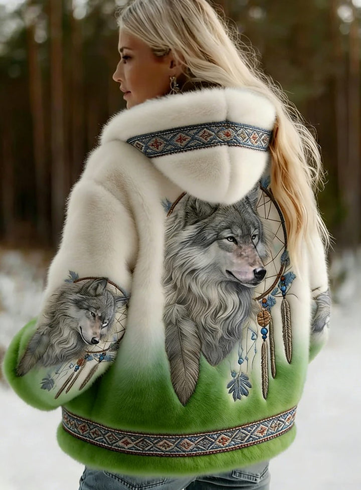 Women's Wolf Print Hooded Jacket Soft-Lined Tribal Pattern Coat - Green