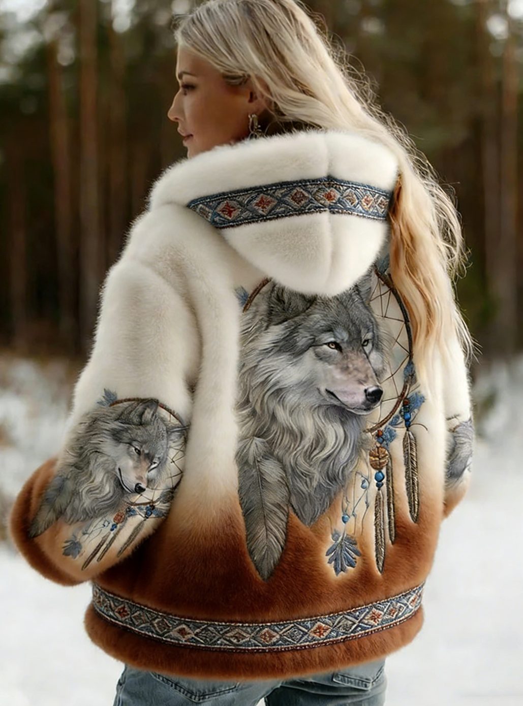 Women's Wolf Print Hooded Jacket Soft-Lined Tribal Pattern Coat - Brown