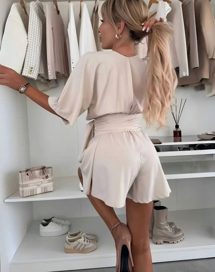 Women's Wrap V-Neck Tie-Waist Flowy Mini Dress