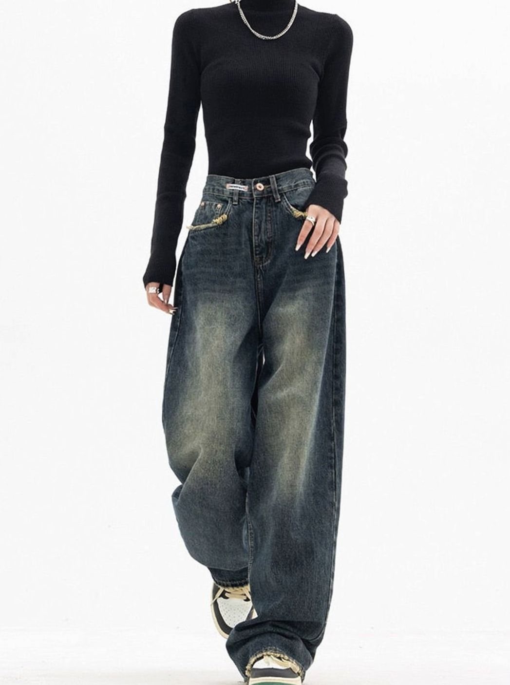 Women's Y2K Vintage Baggy Wide-Leg Jeans, Dark Gray - Dark Gray