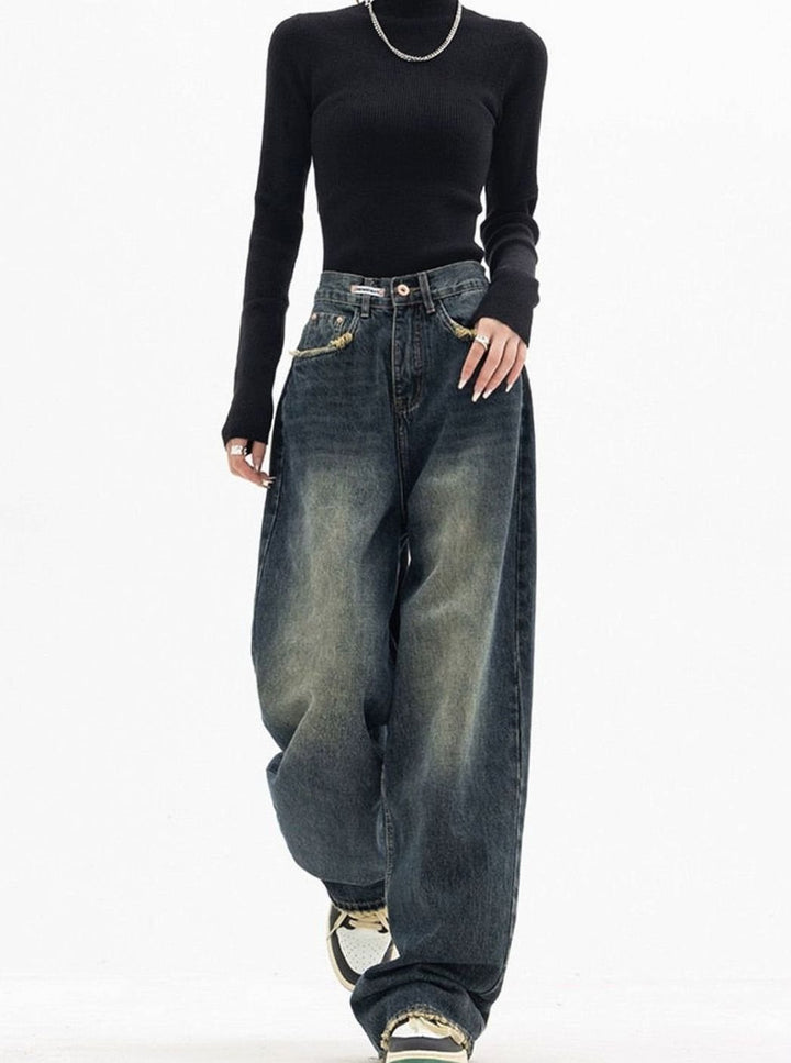 Women's Y2K Vintage Baggy Wide-Leg Jeans, Dark Gray - Dark Gray