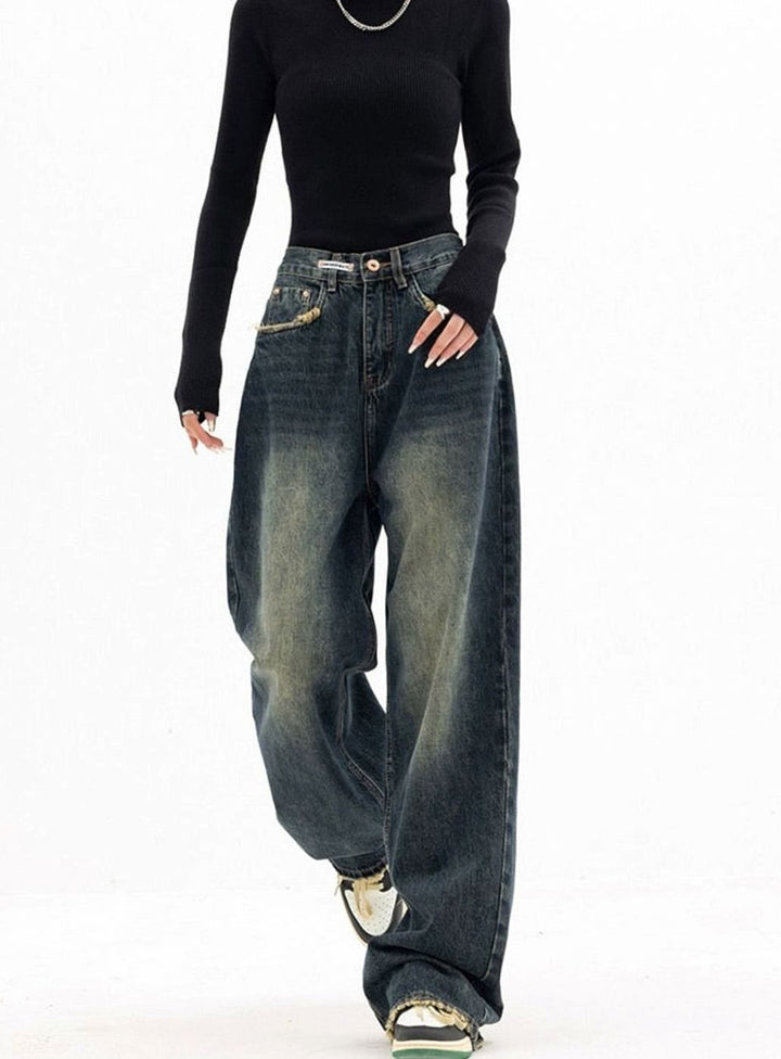 Women's Y2K Vintage Baggy Wide-Leg Jeans, Dark Gray