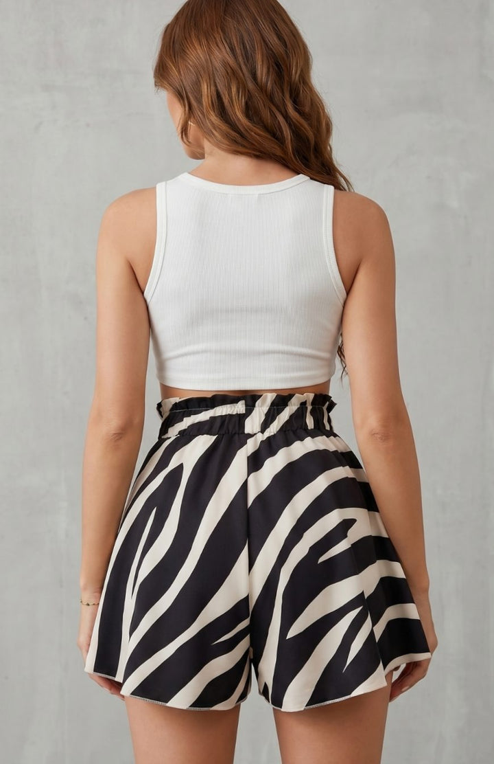 Women's Zebra Print High-Waist Drawstring Flowy Skorts